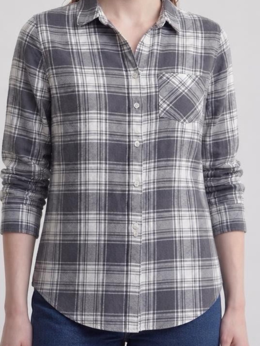 Grey White Plaid Long Sleeve Button-Down Flannel Top Pockets